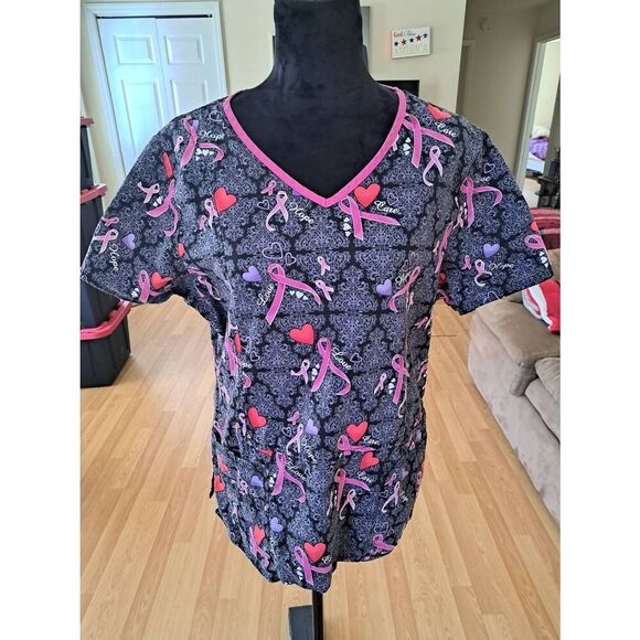 Large Scrub Star Hope Love Care Pink Ribbon Short Sleeve Scrub Top Scrubs - Picture 1 of 5